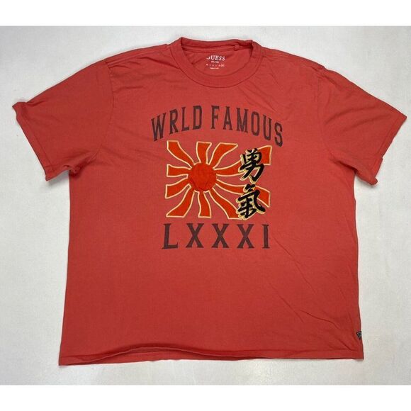 Guess World Famous Rising Sun Graphic T-shirt Men XXL Orange Short Sleeve - Picture 1 of 6